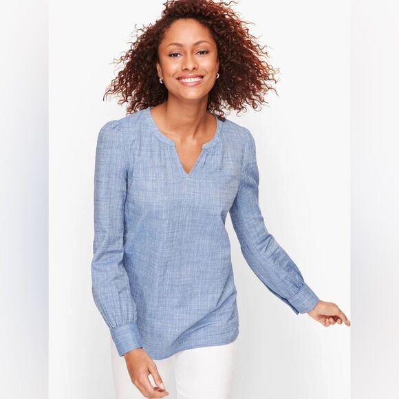 Talbots Denim Long Sleeve Blouse with Mandarin Collar and white accent stitches - Picture 1 of 5